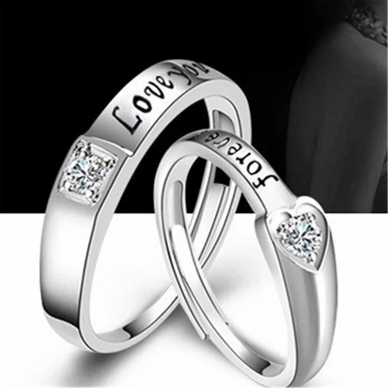 Bague de couple romantique en zircon – Réglable – Cadeau fiançailles ou Saint-Valentin.
