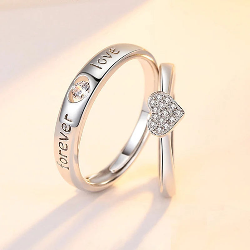 Bague de couple romantique en zircon – Réglable – Cadeau fiançailles ou Saint-Valentin.