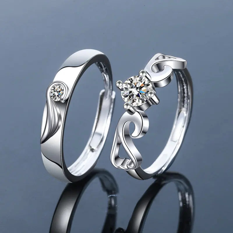 Bague de couple romantique en zircon – Réglable – Cadeau fiançailles ou Saint-Valentin.