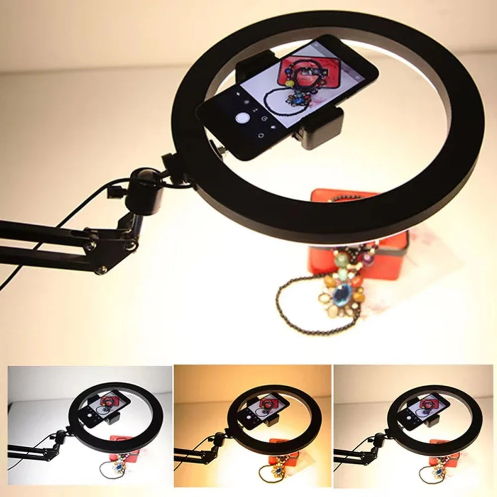 Anneau lumineux LED avec pince et bras réglable – Idéal pour selfie, maquillage, vidéos et diffusion en direct.