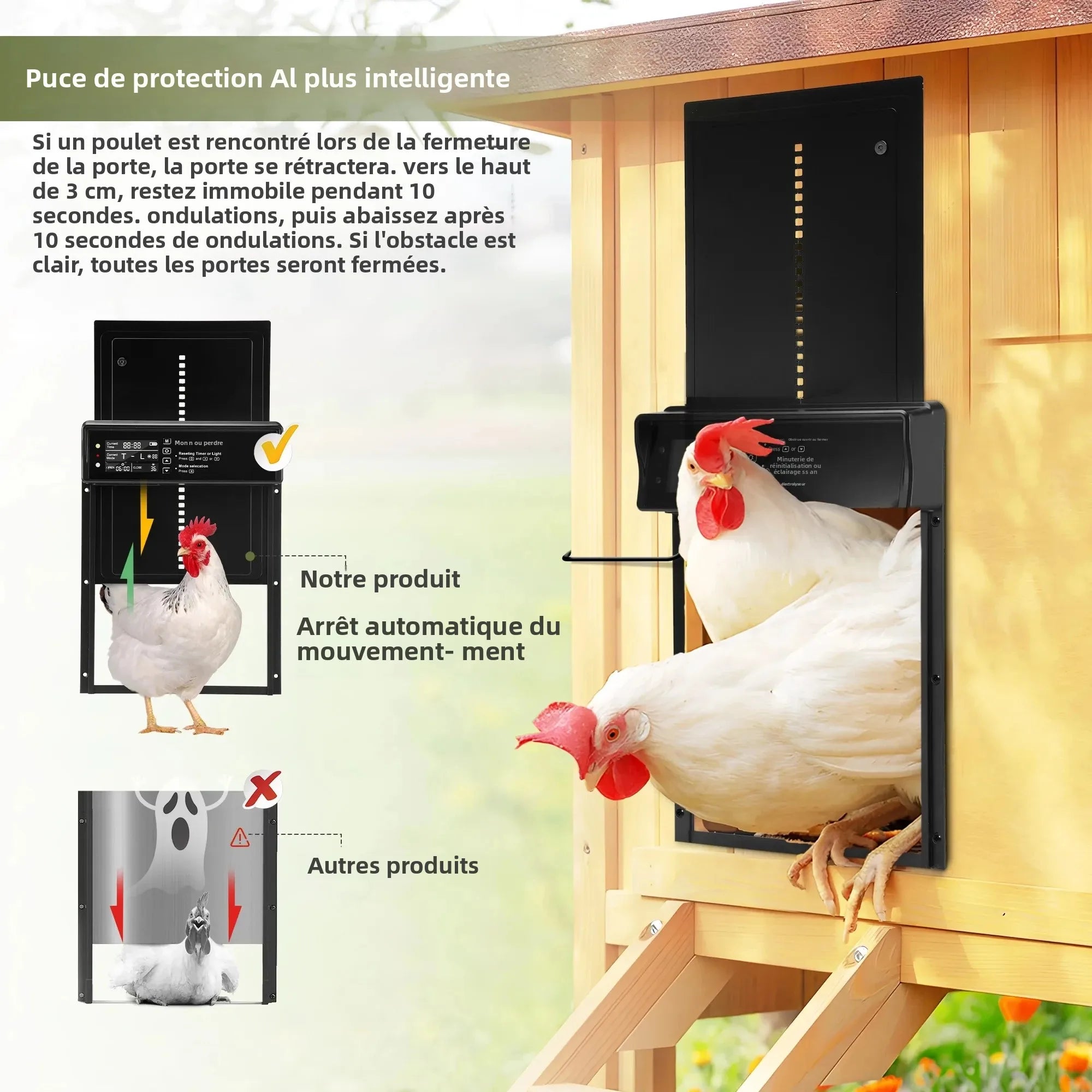 Porte automatique pour poulailler solaire – Écran LCD, capteur de lumière, télécommande.