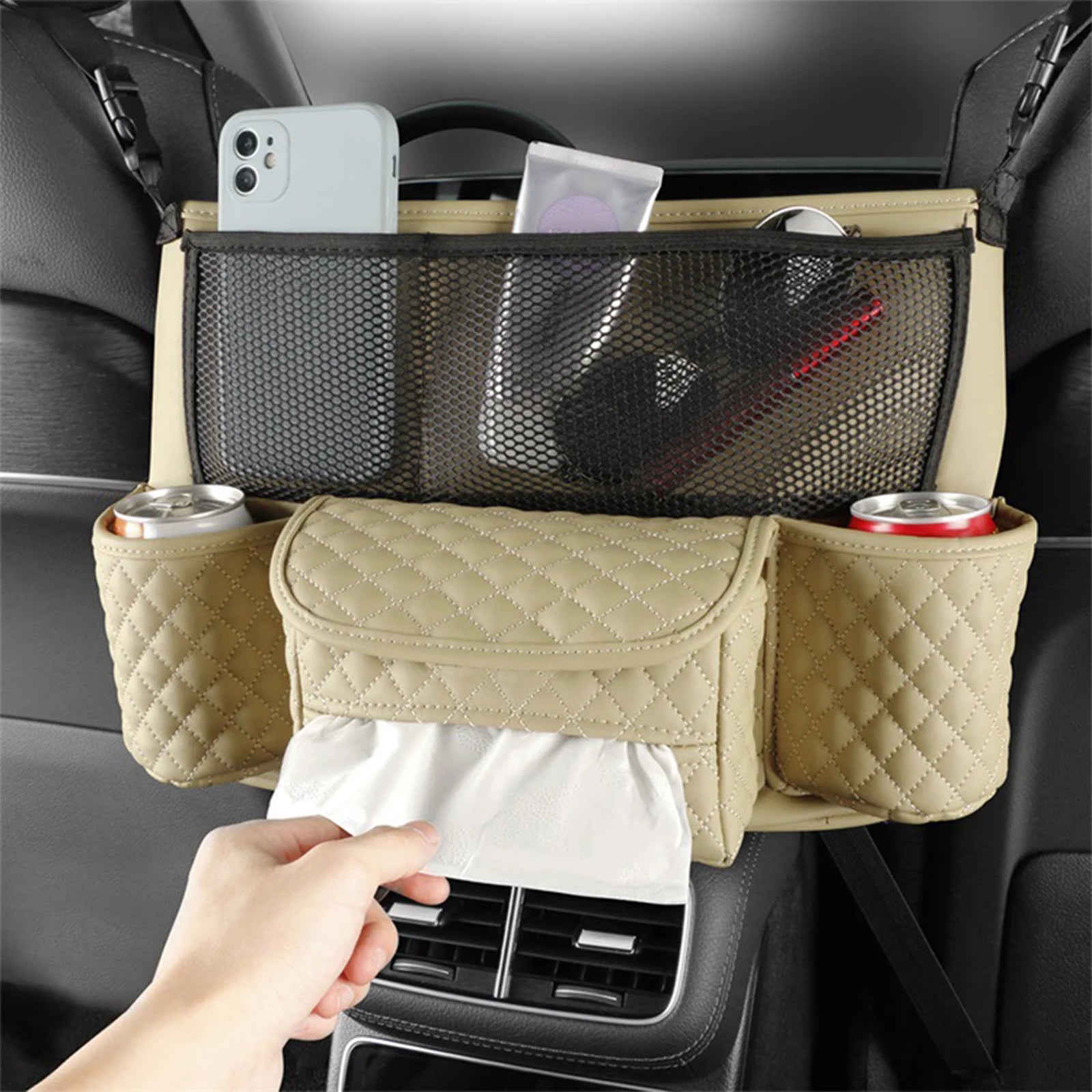 Organiseur voiture pour sac et téléphone – Accroche entre sièges en cuir PU.