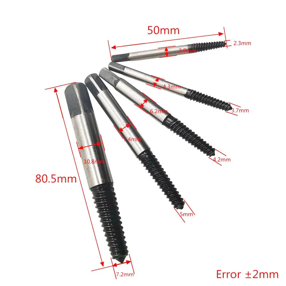 Kit extracteur de vis cassées – 5 pièces – Forets guide et extracteurs.