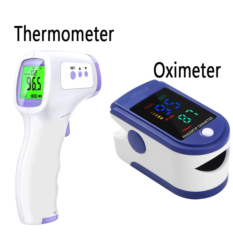 Thermomètre infrarouge sans contact + oxymètre de pouls – Mesure température et oxygène.