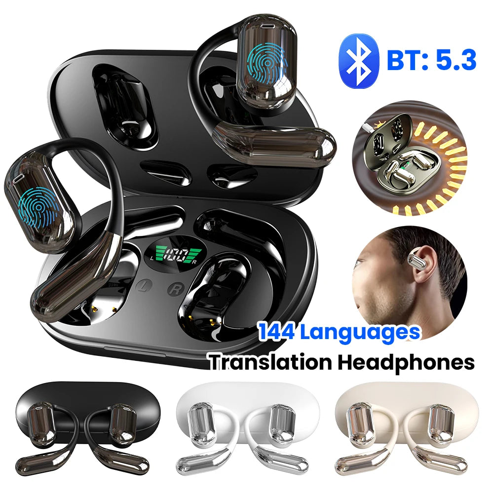 Écouteurs sans fil Bluetooth traducteurs – 144 langues, 3-en-1 pour voyage, travail et étude.