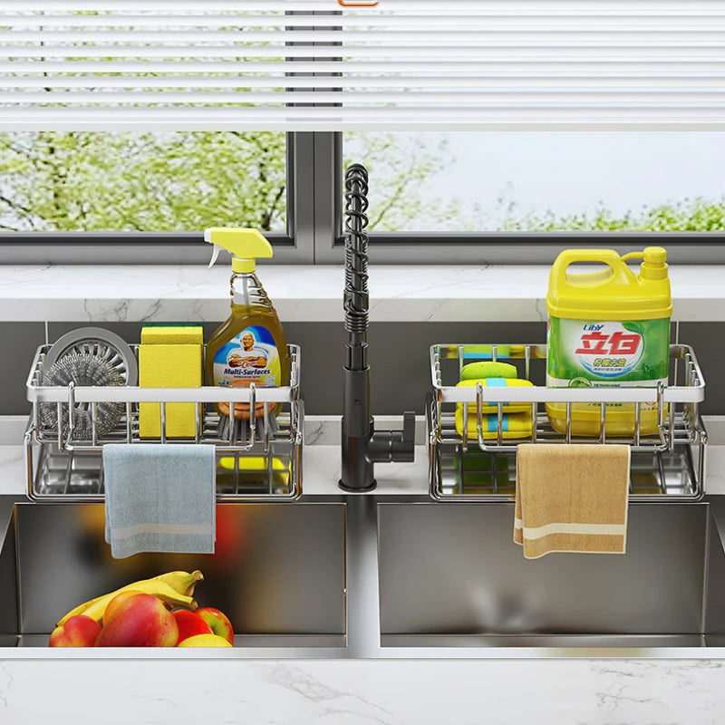 Évier de cuisine en acier inoxydable, égouttoir, porte-éponge.