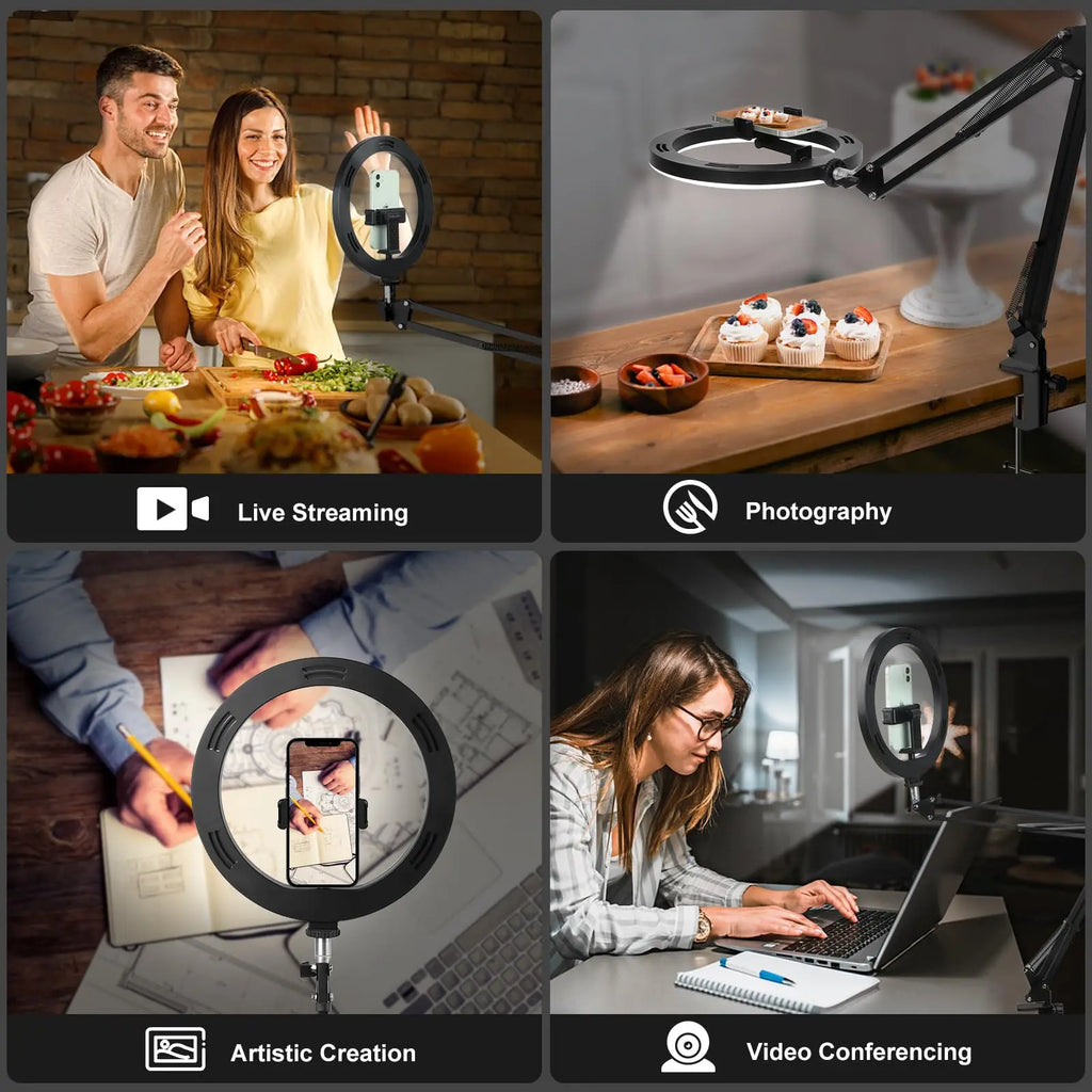 Anneau lumineux LED avec pince et bras réglable – Idéal pour selfie, maquillage, vidéos et diffusion en direct.