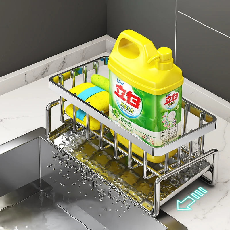 Évier de cuisine en acier inoxydable, égouttoir, porte-éponge.