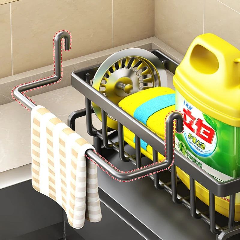 Évier de cuisine en acier inoxydable, égouttoir, porte-éponge.