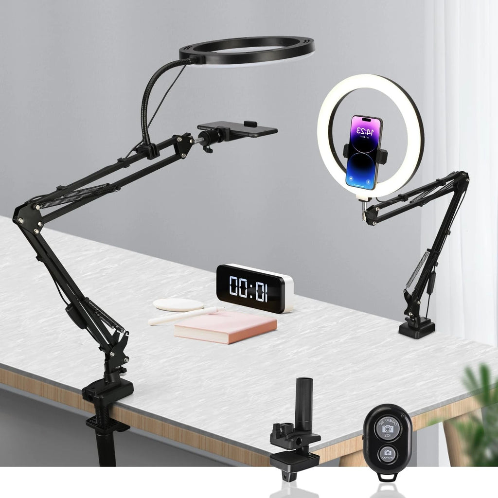 Anneau lumineux LED avec pince et bras réglable – Idéal pour selfie, maquillage, vidéos et diffusion en direct.