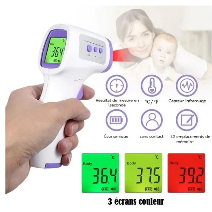 Thermomètre frontal digital infrarouge sans contact 3en1