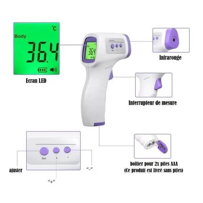 Thermomètre frontal digital infrarouge sans contact 3en1